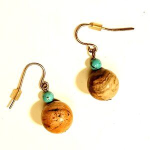 Jasper Turquoise Drop Pierced Earrings Gemstone Gold tone Shepard Hook Vintage